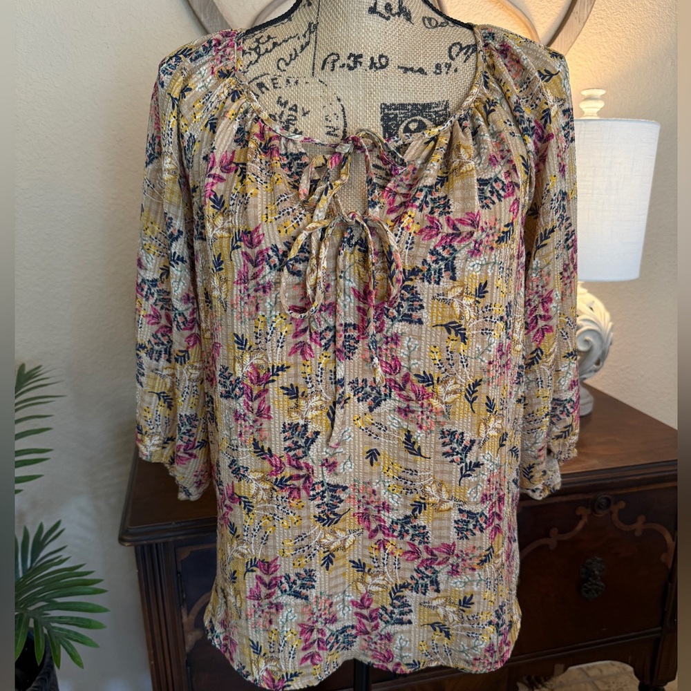 LOFT Tan Boho Blouse with Floral Print and Front Ties
